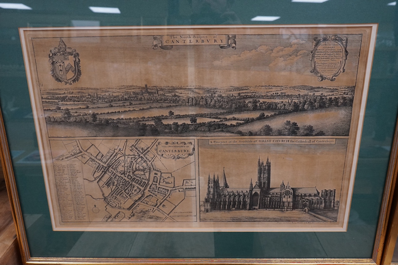 Two maps comprising; ‘The North Prospect of Canterbury’, etched map, printed and sold by Henry Overton, London and another ‘Cantvarbvry’, largest 37 x 57cm. Condition - fair